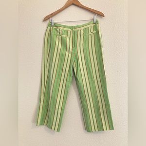 Larry Levine Green Orange Striped Linen Blend Cropped Pants Size 6 Petite Retro